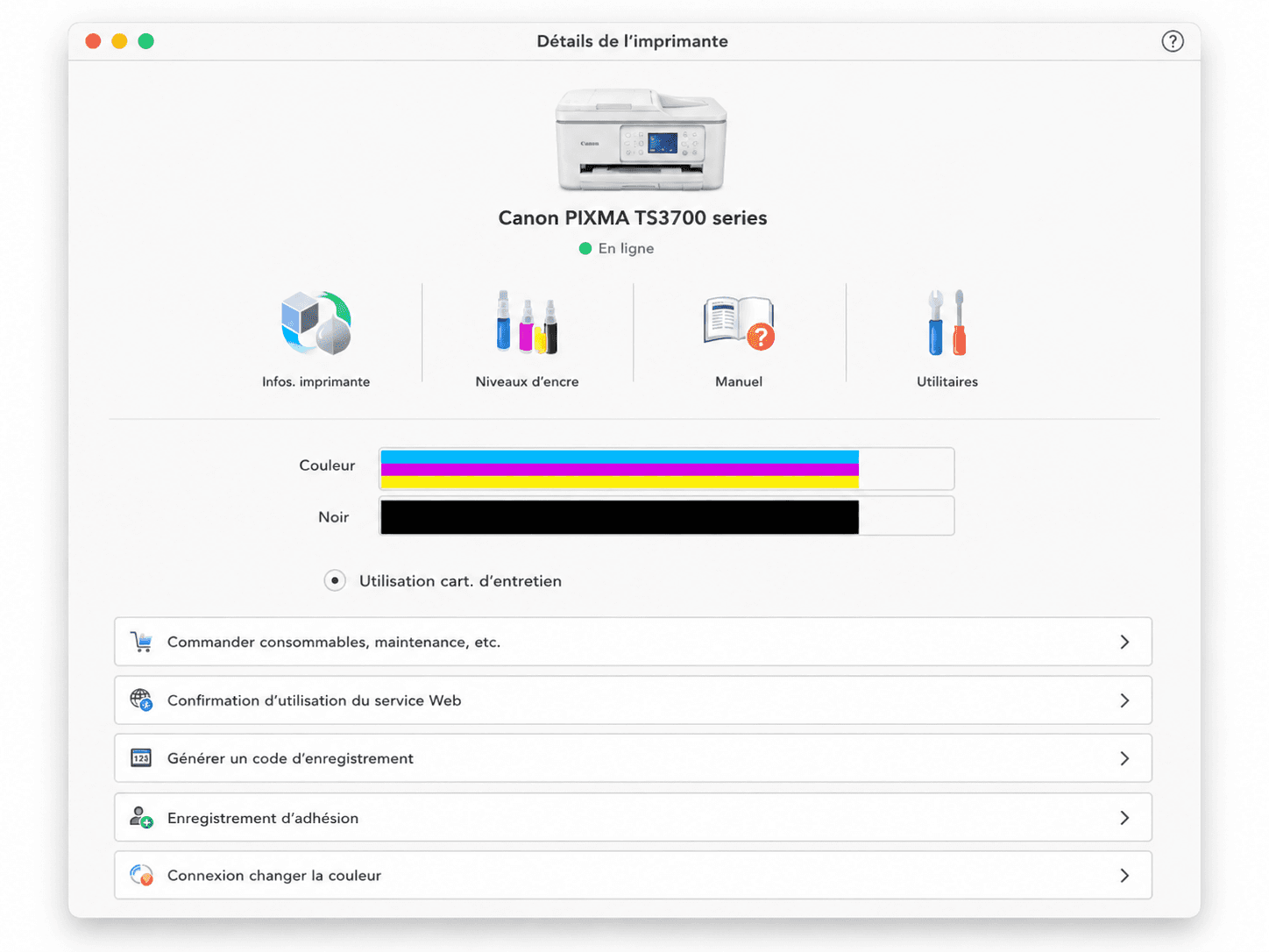 Niveaux d'encre et état de l'imprimante dans Canon PRINT sur Mac