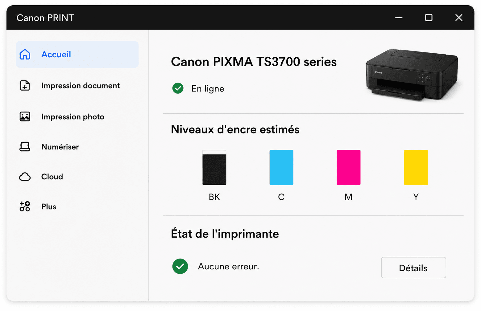 Niveaux d'encre et état de l'imprimante dans l'application Canon PRINT